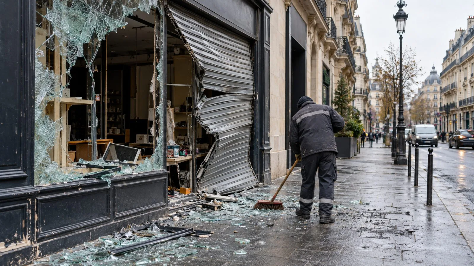 A worker sweeps broken glass outside a damaged shop on a commercial street in Paris, France. (AI-generated image / EconoTimes)