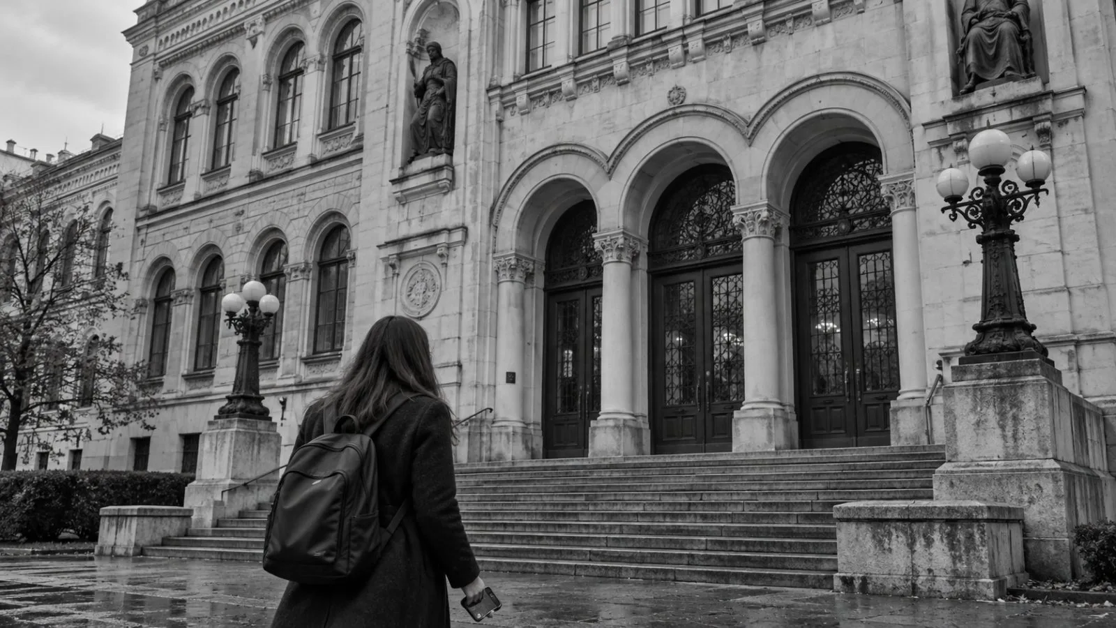A visitor holding a phone approaches the University of Belgrade Rectorate in Belgrade. (AI-generated image / EconoTimes)