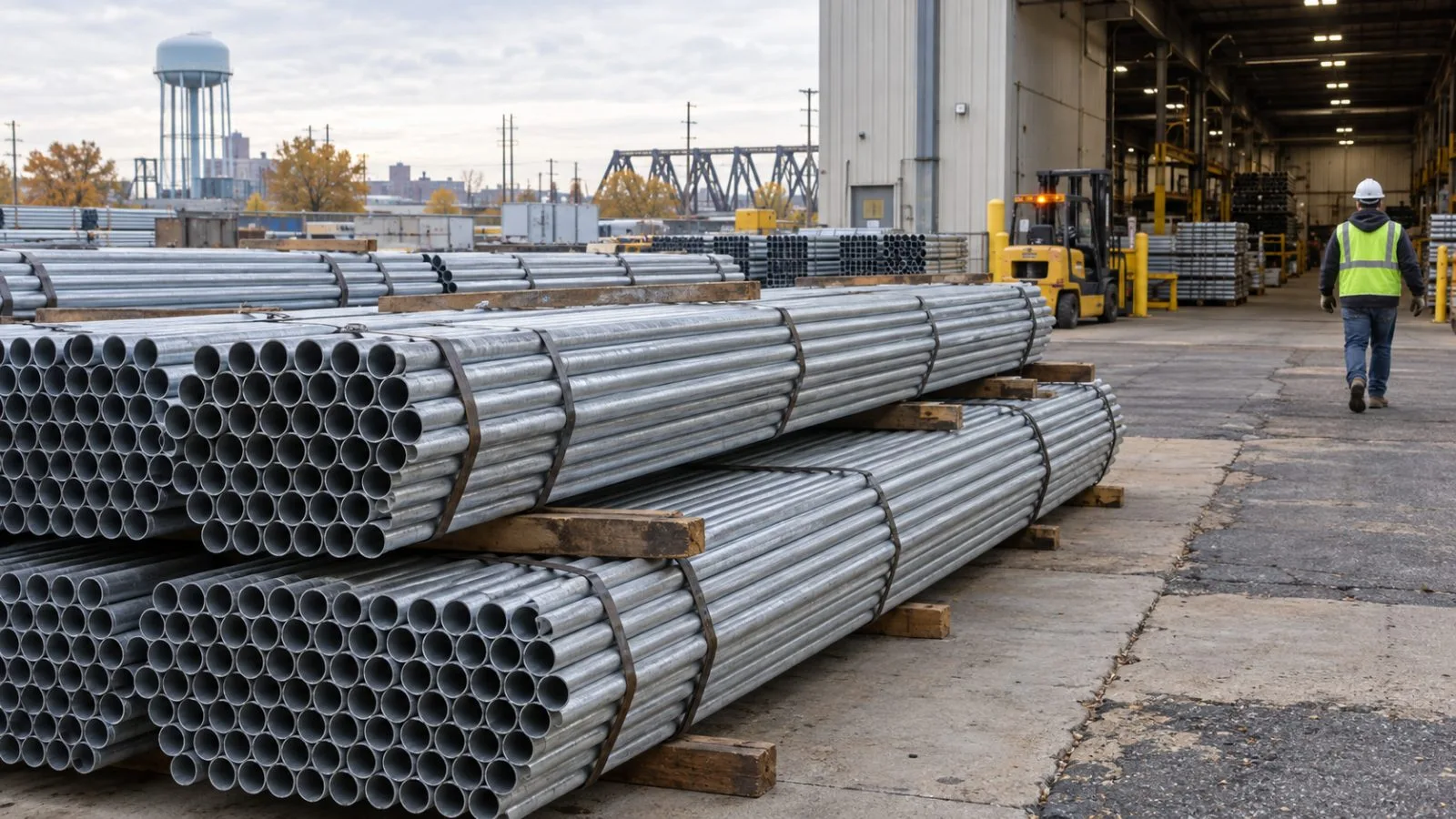Bundled steel conduit rests outside a manufacturing facility in Harvey, Illinois. (AI-generated image / EconoTimes)