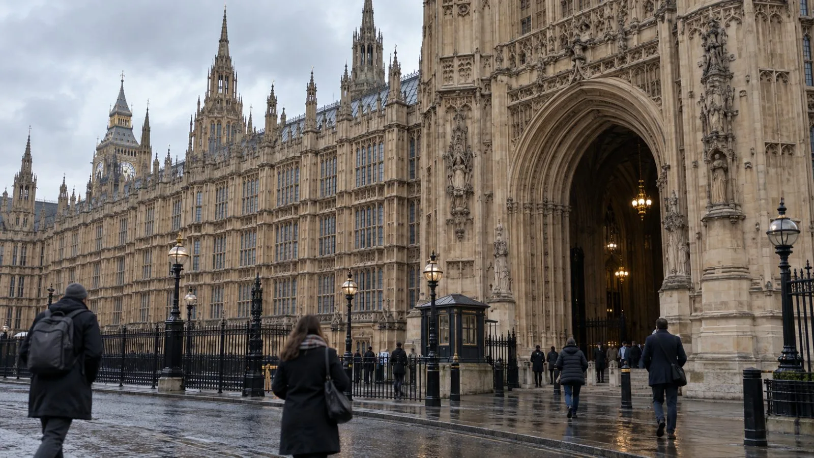 Pedestrians pass the Palace of Westminster in London beneath a grey autumn sky. (AI-generated image / EconoTimes)