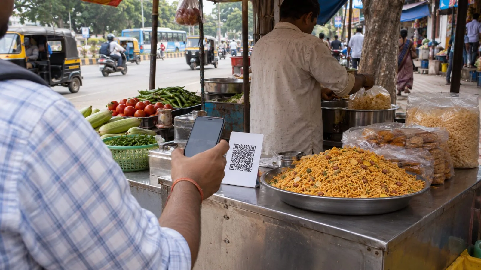 A customer makes a mobile payment at a roadside market in Bhubaneswar, India. (AI-generated image / EconoTimes)