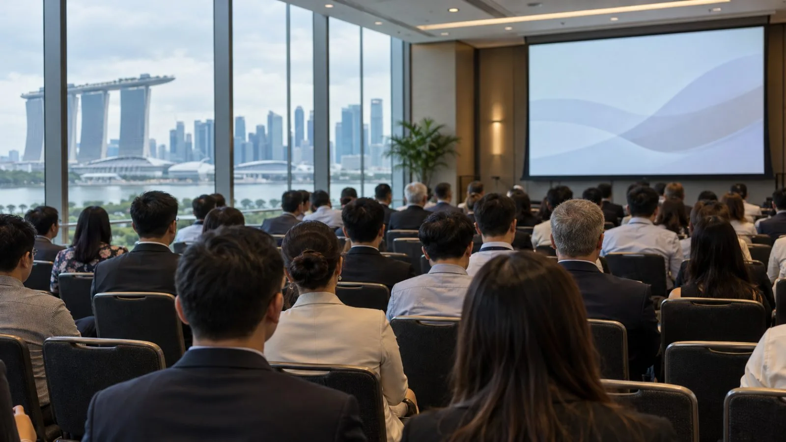 Attendees listen to a speaker at a business conference in Singapore. (AI-generated image / EconoTimes)