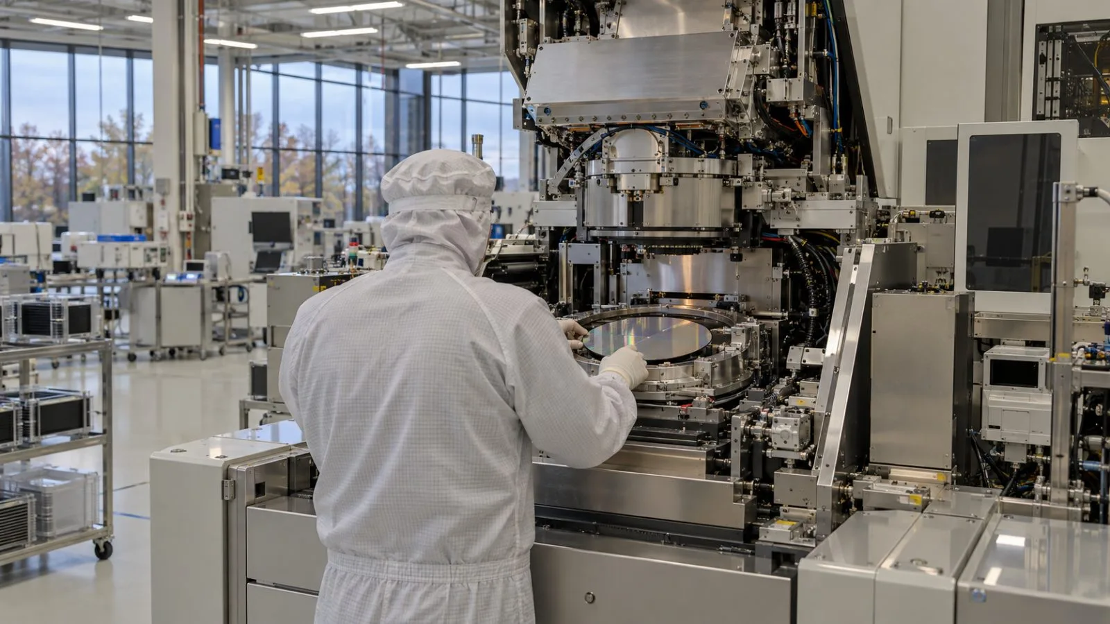 An assembly technician aligns a silicon wafer inside a bonding machine in Duiven, Netherlands. (AI-generated image / EconoTimes)