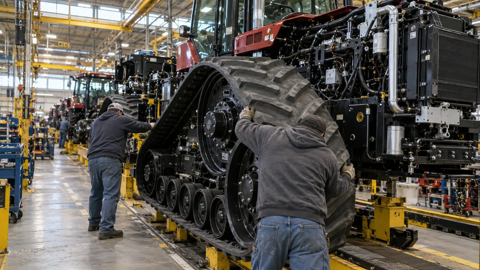 A tracked tractor moves along the assembly line at AGCO’s Jackson factory in Minnesota. (AI-generated image / EconoTimes)