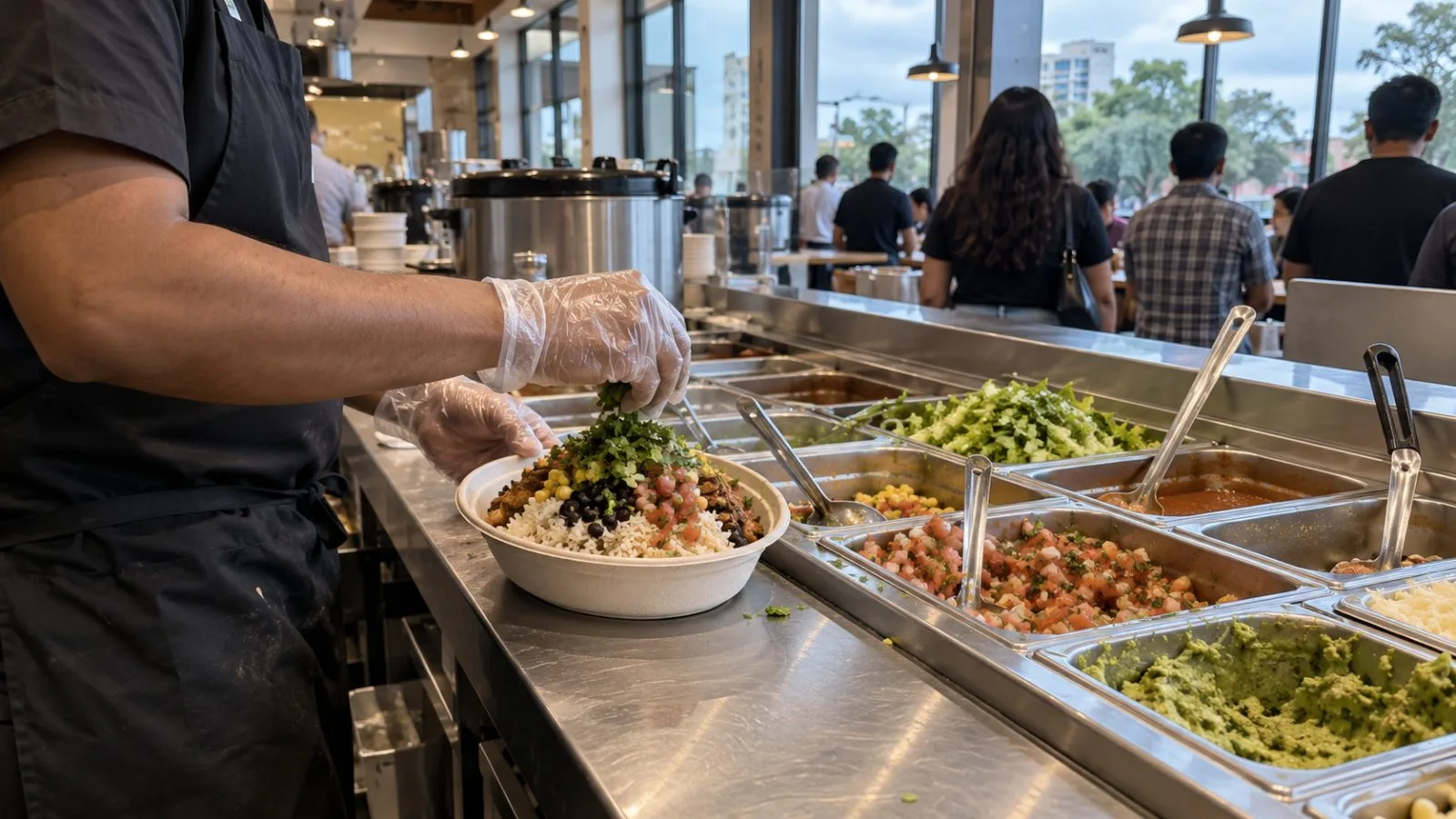 A cook assembles a burrito bowl in a Bengaluru quick-service restaurant kitchen. (AI-generated image / EconoTimes)