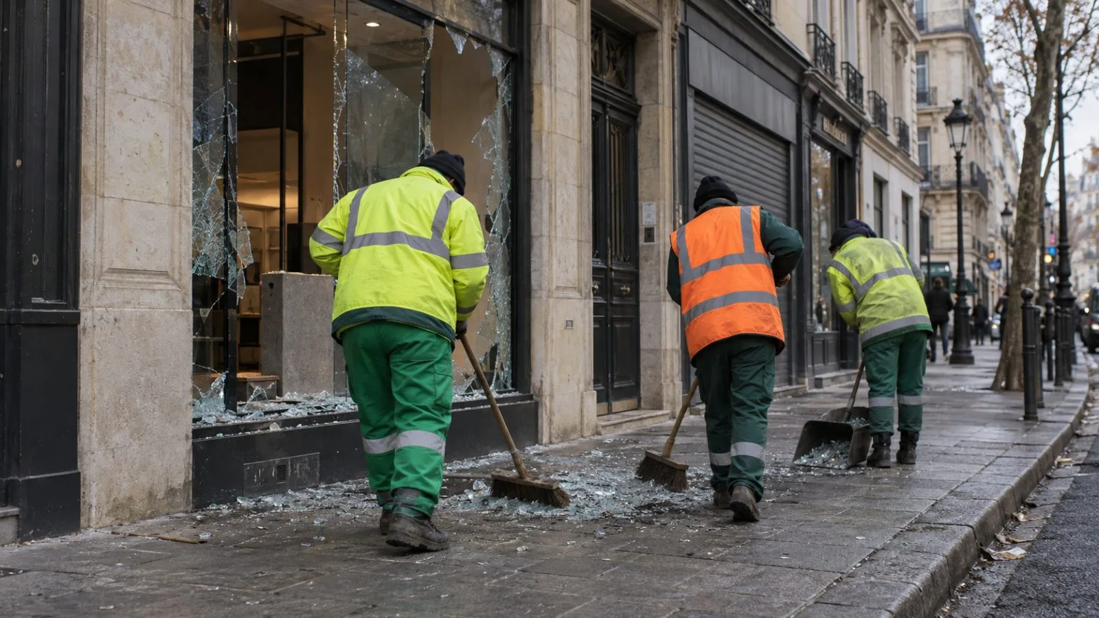 Workers clear broken glass outside a damaged storefront in Paris, France. (AI-generated image / EconoTimes)