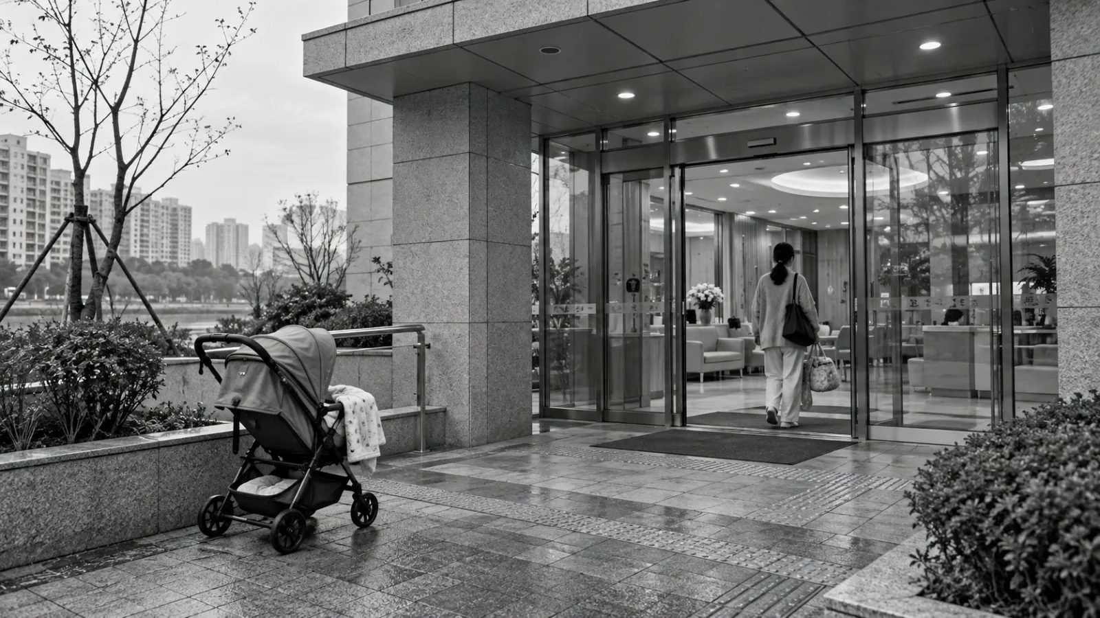 A stroller sits near the entrance to a public postpartum care center in Seoul. (AI-generated image / EconoTimes)