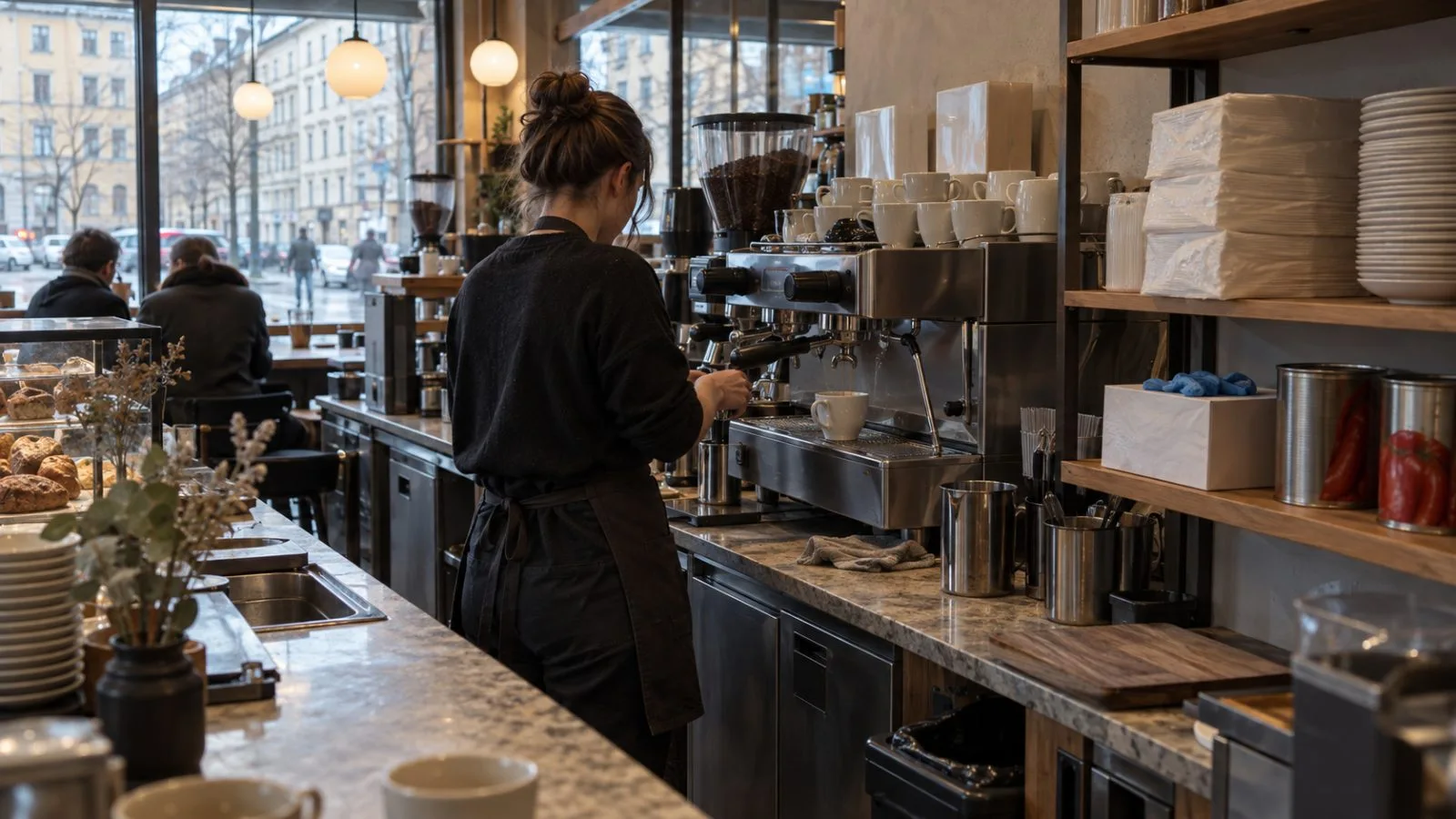 A barista prepares espresso beside stacked supplies inside Andon Café in Stockholm. (AI-generated image / EconoTimes)