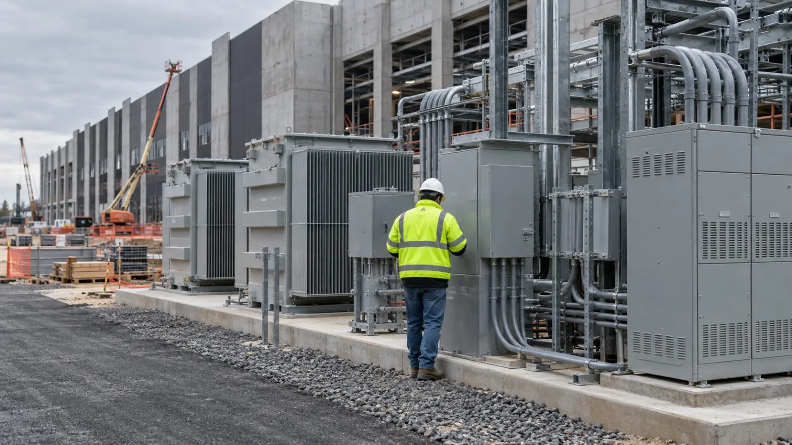 Workers check electrical equipment at a data-center construction site in Ashburn, Virginia (AI-generated image / EconoTimes)