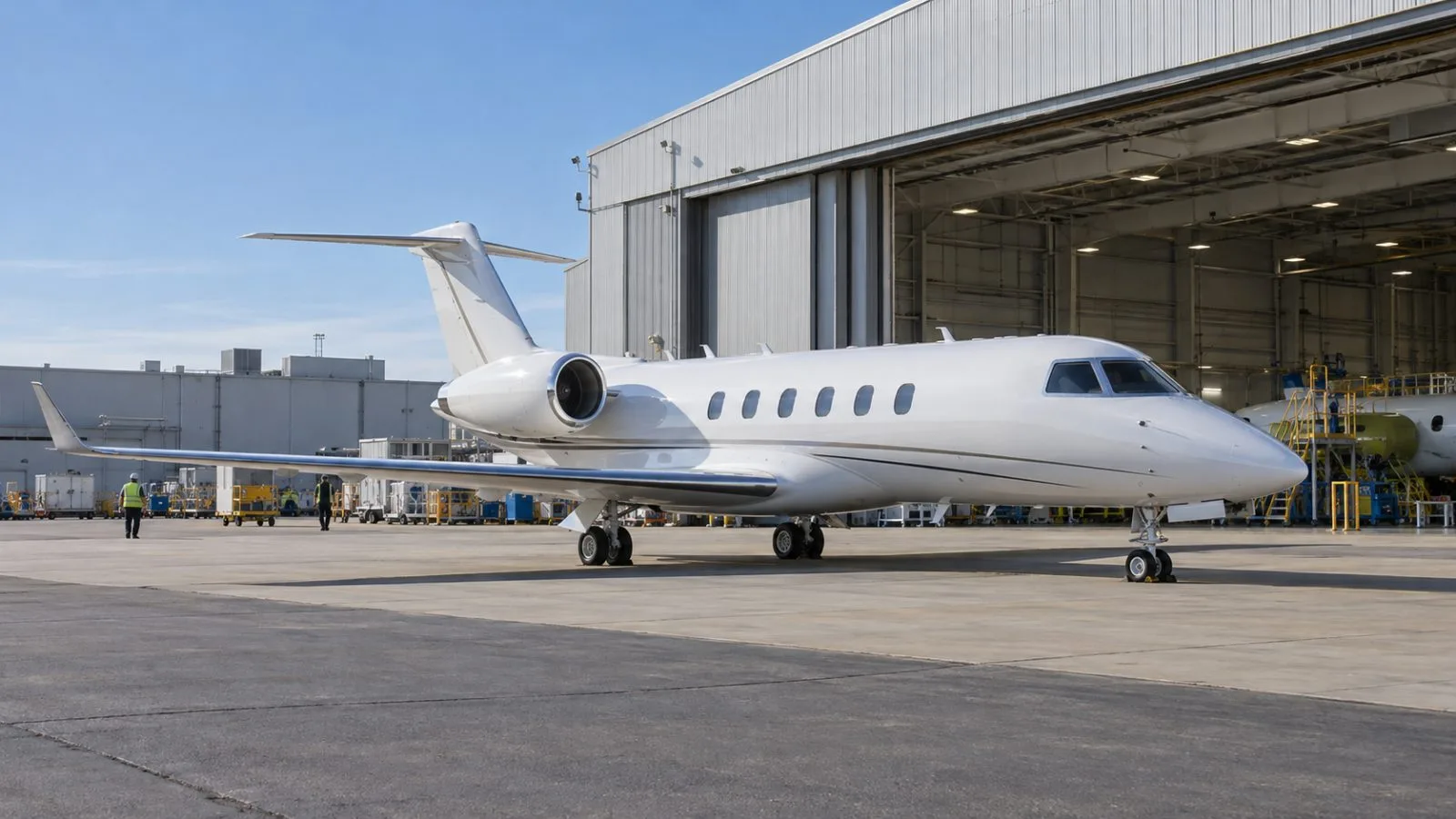A business jet stands outside an aircraft hangar in Wichita, Kansas. (AI-generated image / EconoTimes)