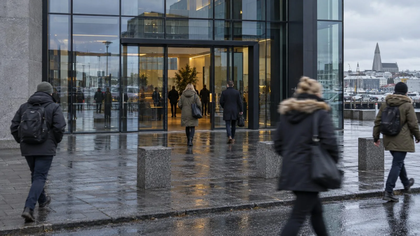 Pedestrians pass a glass-fronted insurance office on a Reykjavík street in Iceland. (AI-generated image / EconoTimes)