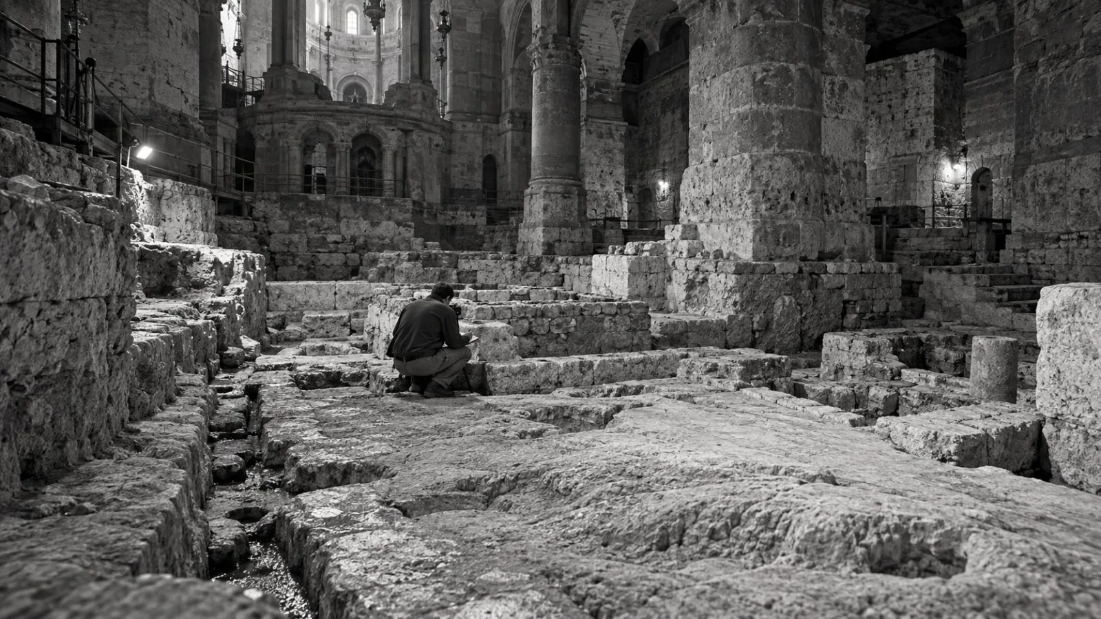 Bedrock and excavated stonework are exposed beneath the Church of the Holy Sepulchre in Jerusalem. / EconoTimes.ai