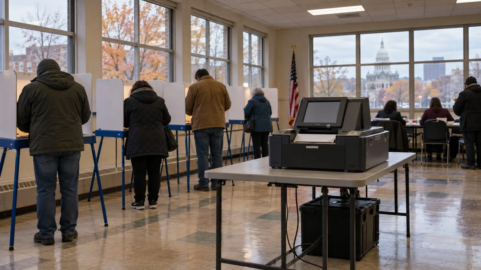 A ballot scanner stands beside voting booths at a polling place in Lansing, Michigan (AI-generated image / EconoTimes)