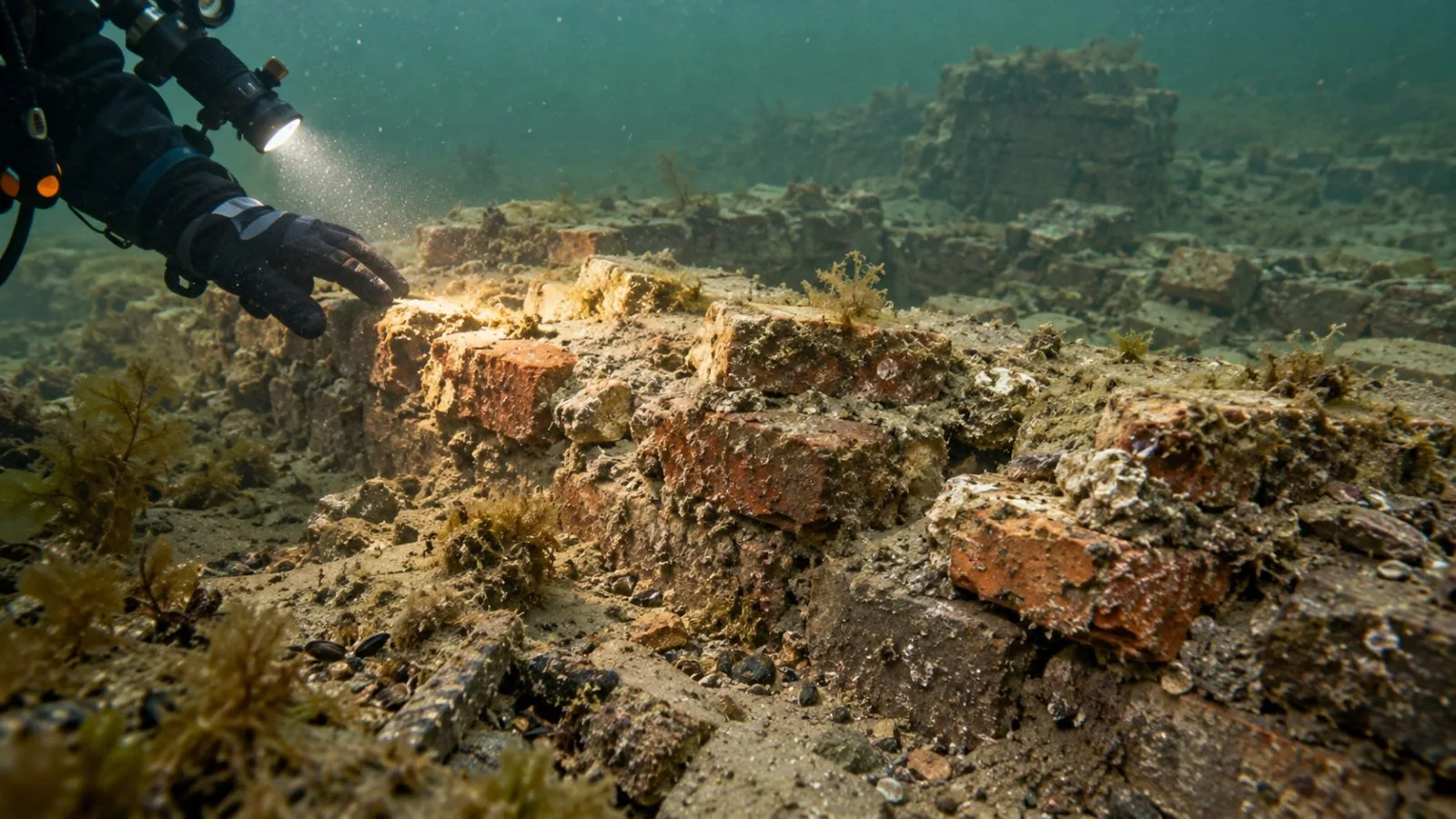 Brickwork lies on the seabed at the Vrak 5 wreck in Landfjärden, Sweden. (AI-generated image / EconoTimes)