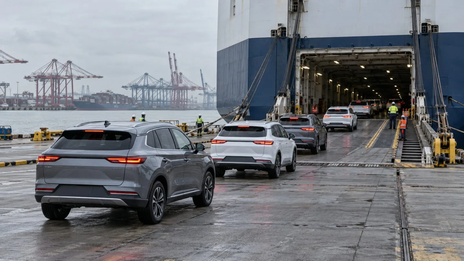 Vehicles queue beside a car carrier at Guangzhou Nansha Port in southern China. (AI-generated image / EconoTimes)