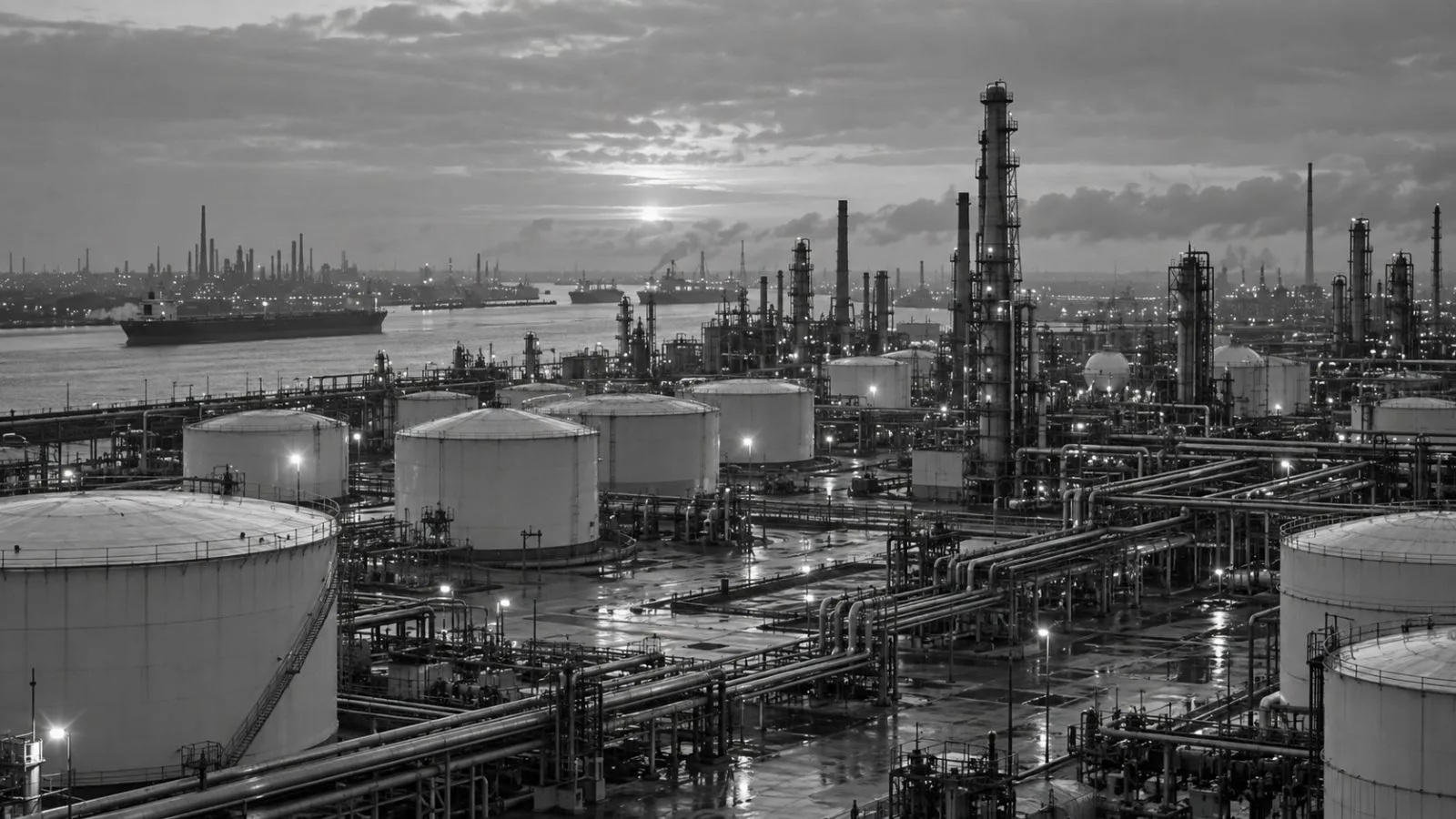 Crude oil storage tanks and pipelines stand at a terminal in Cushing, Oklahoma. / EconoTimes.ai (mono)