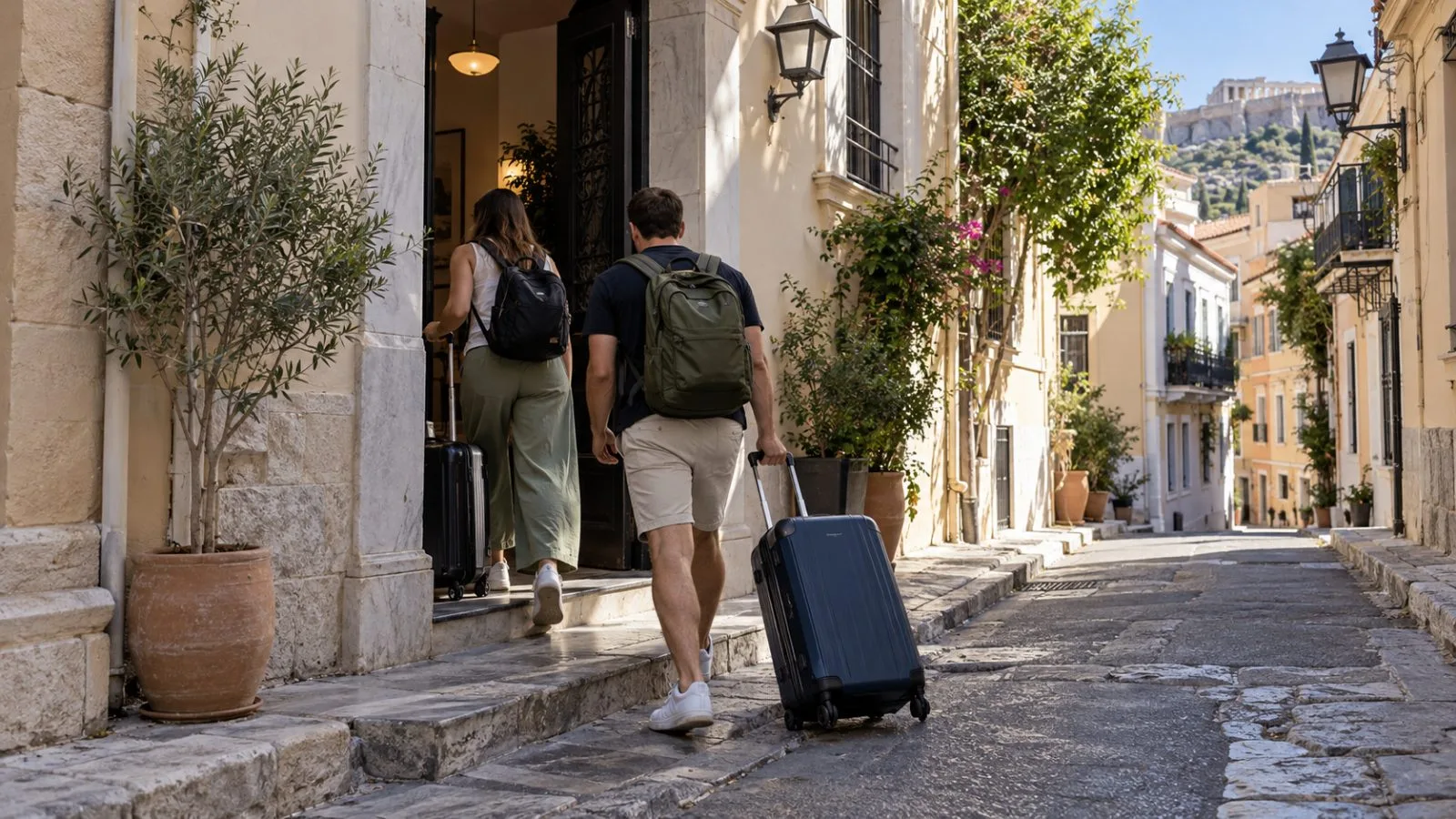 Travelers wheel suitcases into an accommodation building in Athens, Greece. (AI-generated image / EconoTimes)