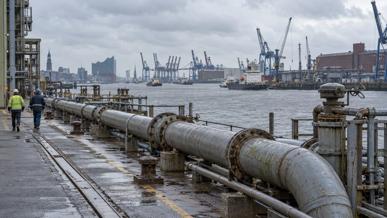 Water pipes run beside an industrial waterfront in Hamburg, Germany. (AI-generated image / EconoTimes)