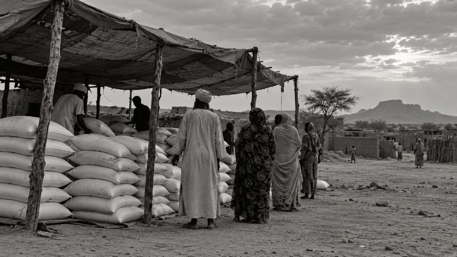 Relief supplies wait at a humanitarian distribution point in El Fasher, Sudan (AI-generated image / EconoTimes)