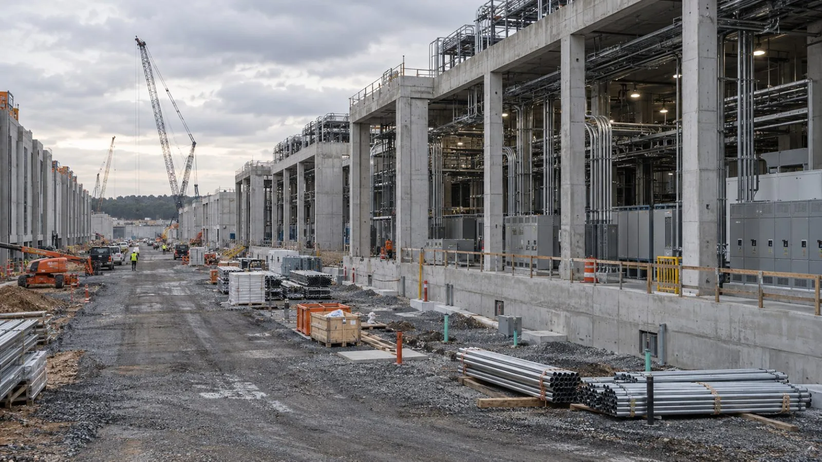 An unfinished data-center building and electrical conduits show construction work in Ashburn, Virginia. (AI-generated image / EconoTimes)