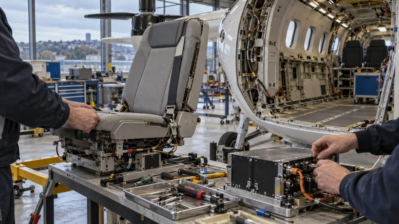 Technicians inspect an aircraft seat and navigation unit in a Bristol engineering workshop. (AI-generated image / EconoTimes)