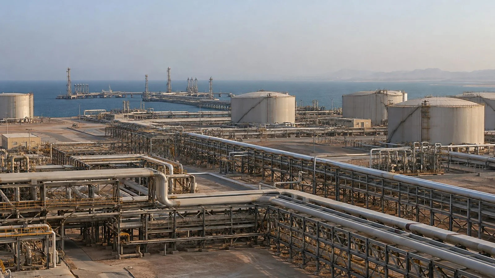 Pipelines and storage tanks line the Red Sea industrial shoreline at Yanbu, Saudi Arabia (AI-generated image / EconoTimes)