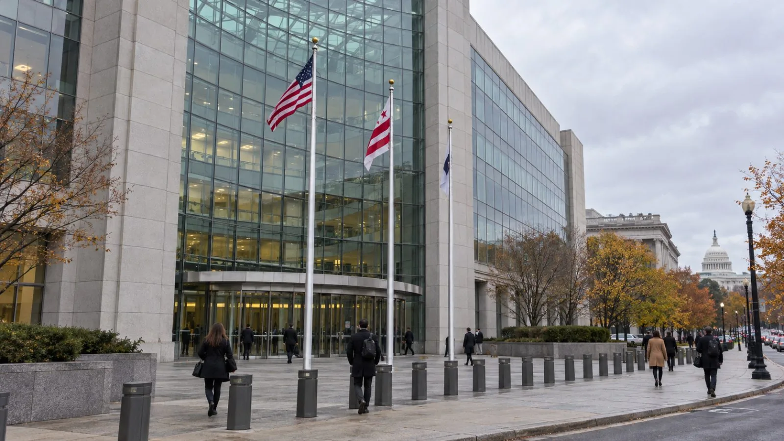 The Securities and Exchange Commission headquarters stands beneath gray skies in Washington, D.C. (AI-generated image / EconoTimes)