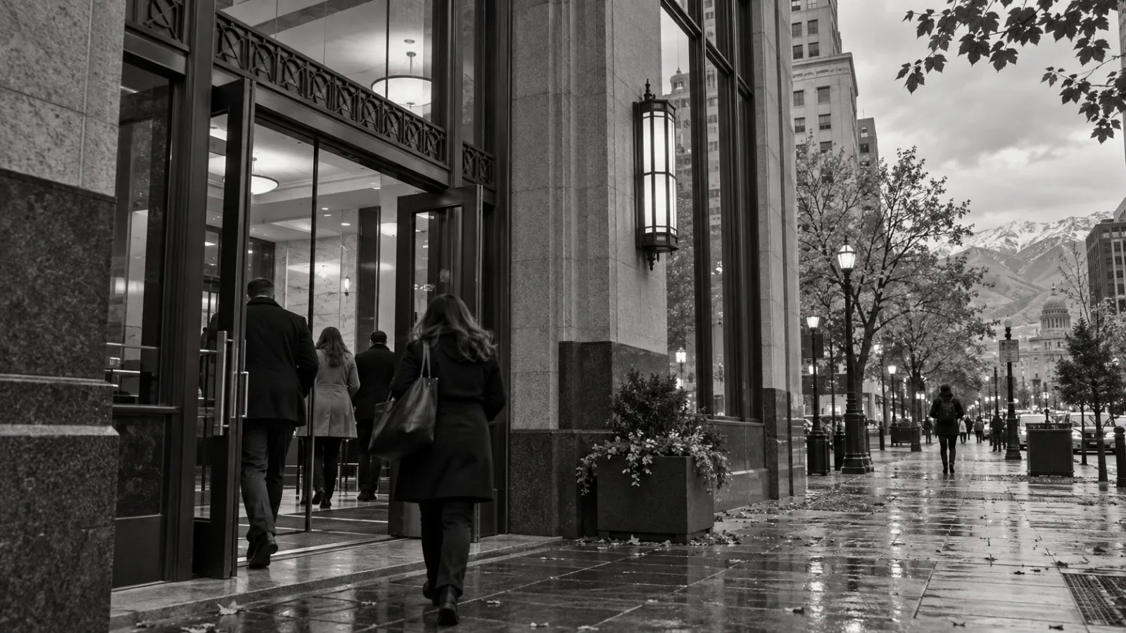 Customers enter a bank branch on South Main Street in Salt Lake City. (AI-generated image / EconoTimes)