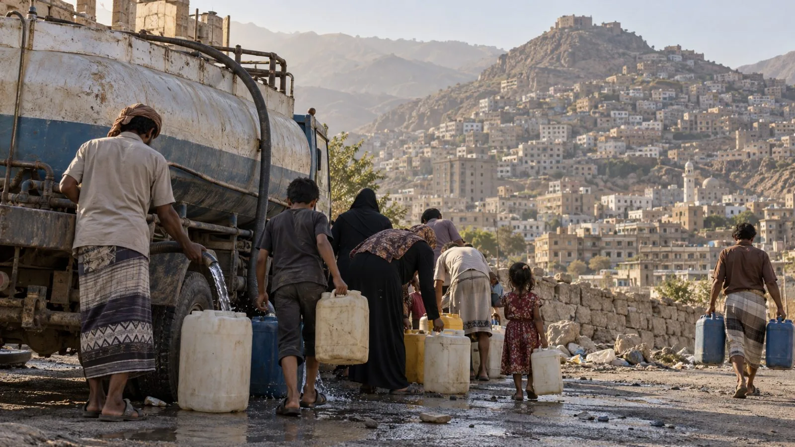 Residents fill containers from a water tanker on a street in Taiz, Yemen. (AI-generated image / EconoTimes)
