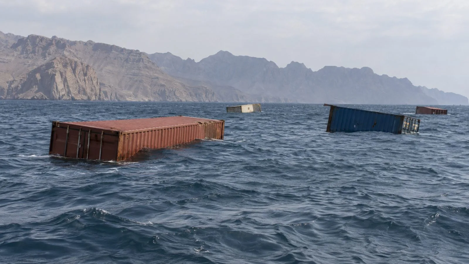 Shipping containers float in the Strait of Hormuz off Khasab, Oman. (AI-generated image / EconoTimes)