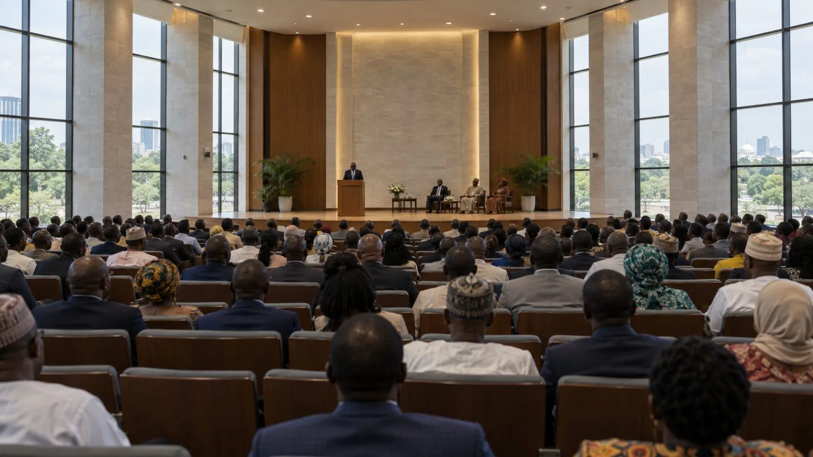 Attendees sit during a book presentation at the Shehu Musa Yar’Adua Centre in Abuja (AI-generated image / EconoTimes)