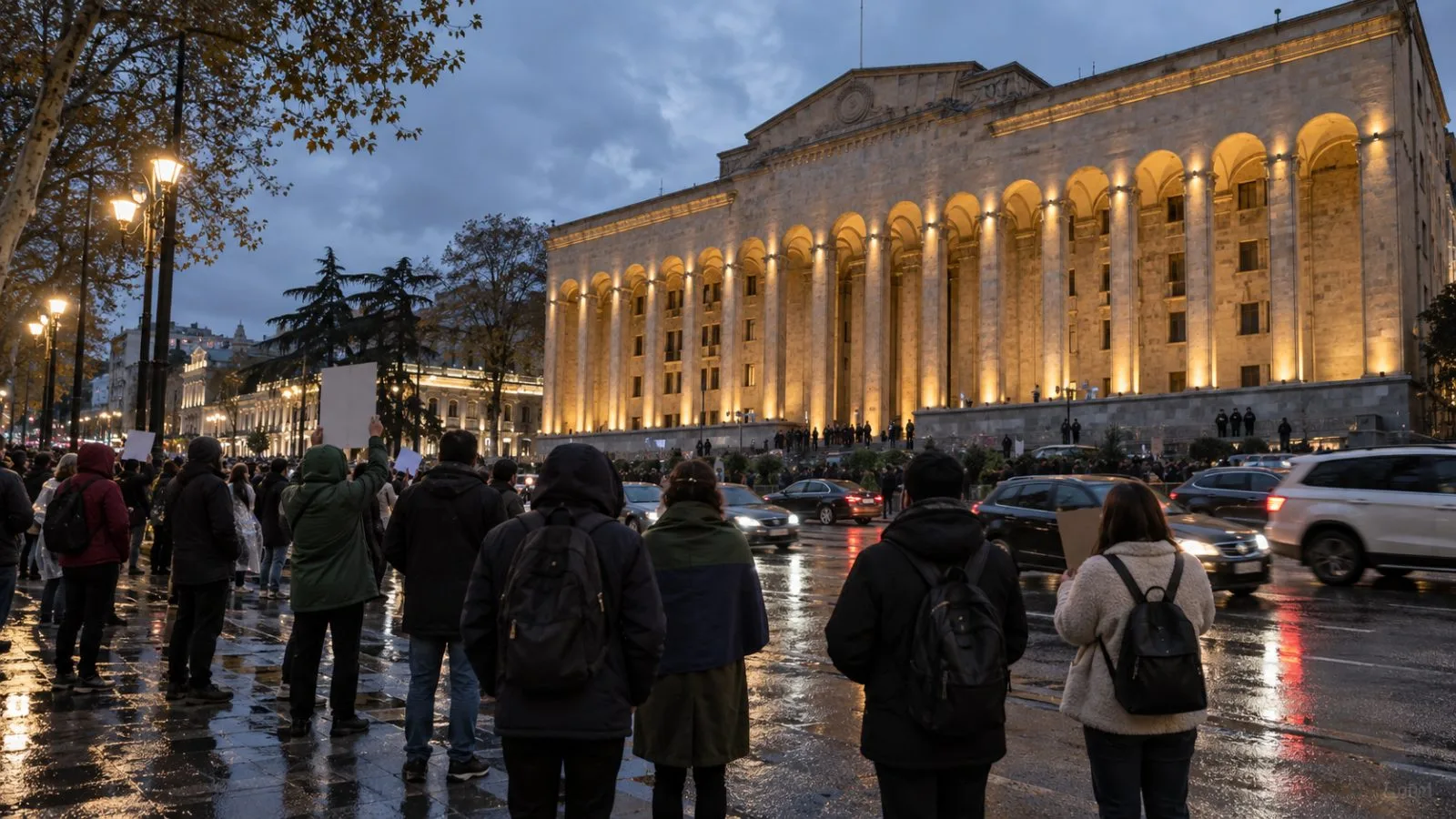 Demonstrators gather outside Georgia’s Parliament on Rustaveli Avenue in Tbilisi. (AI-generated image / EconoTimes)