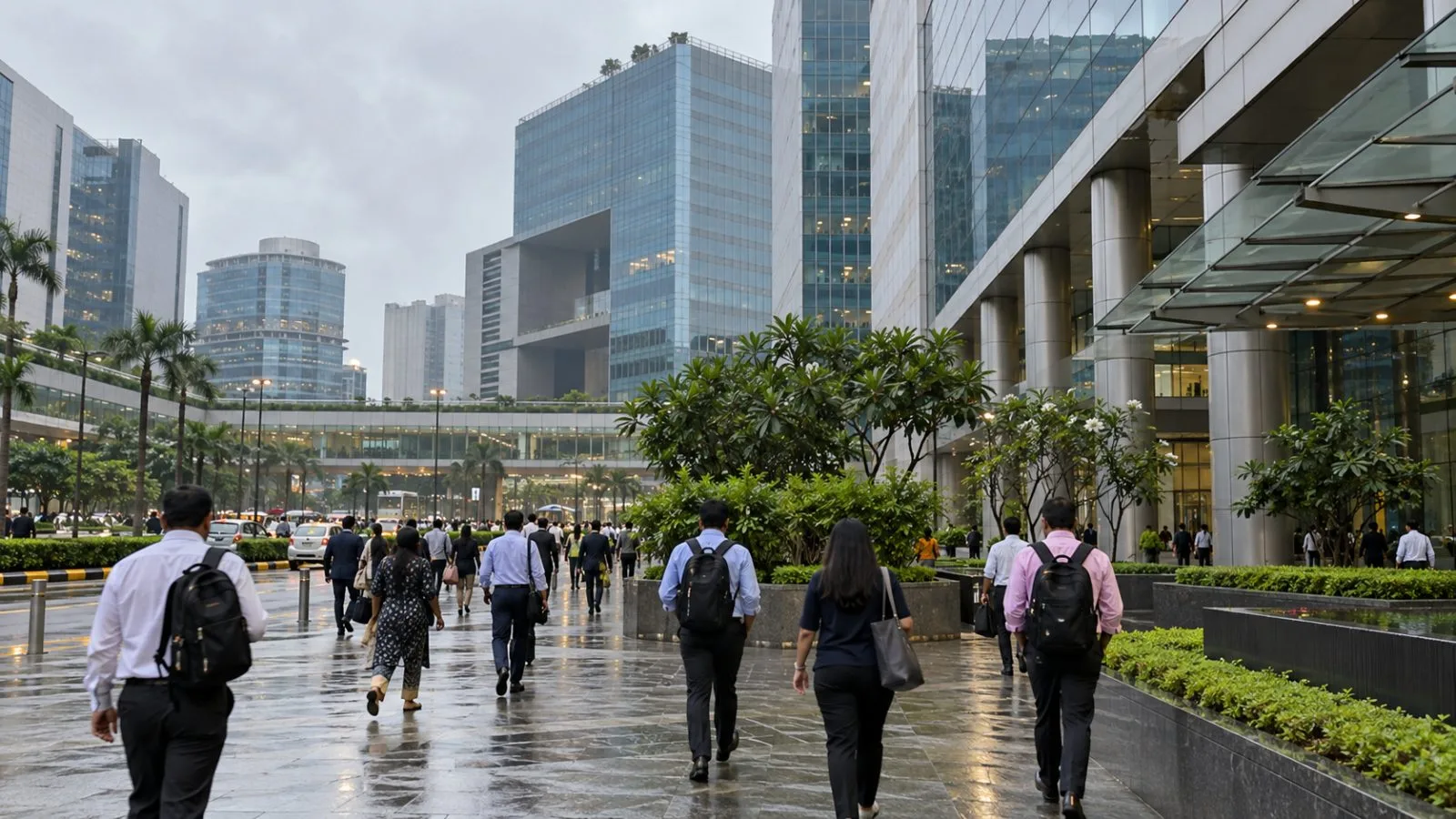 Commuters pass the National Stock Exchange complex in Mumbai’s Bandra-Kurla district (AI-generated image / EconoTimes)