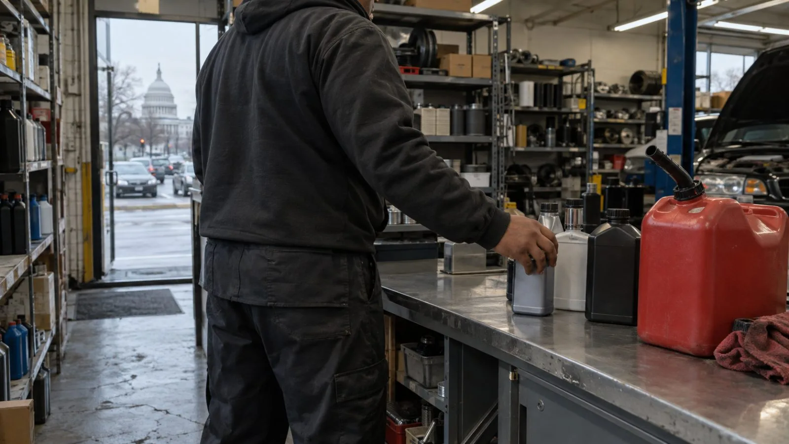 An auto parts worker handles an engine additive beside a fuel can in Washington, D.C. (AI-generated image / EconoTimes)