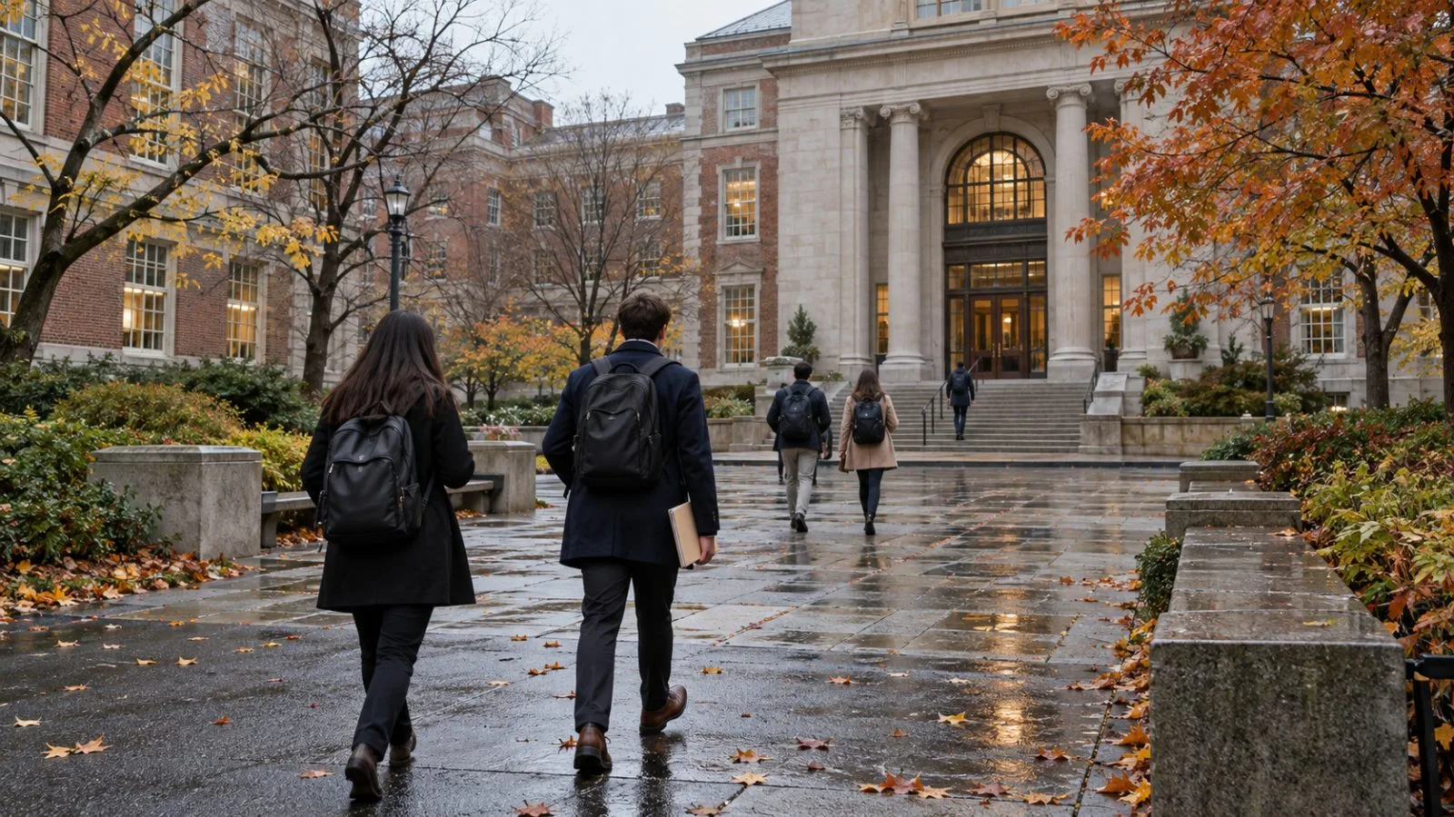 Prospective students cross a business school courtyard in Boston on an overcast autumn morning. (AI-generated image / EconoTimes)