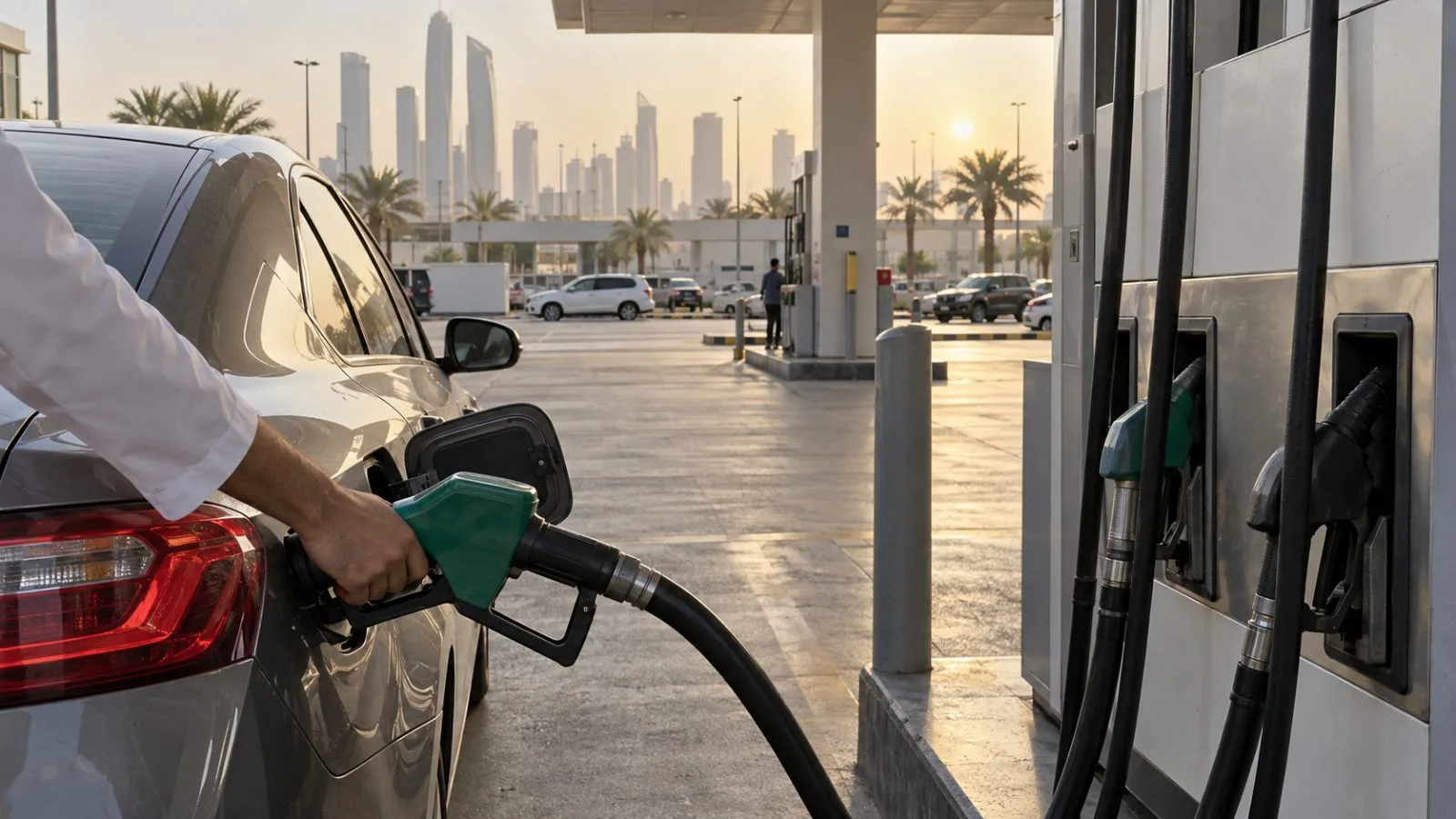 A motorist fills a car at a petrol station in Abu Dhabi, United Arab Emirates. (AI-generated image / EconoTimes)