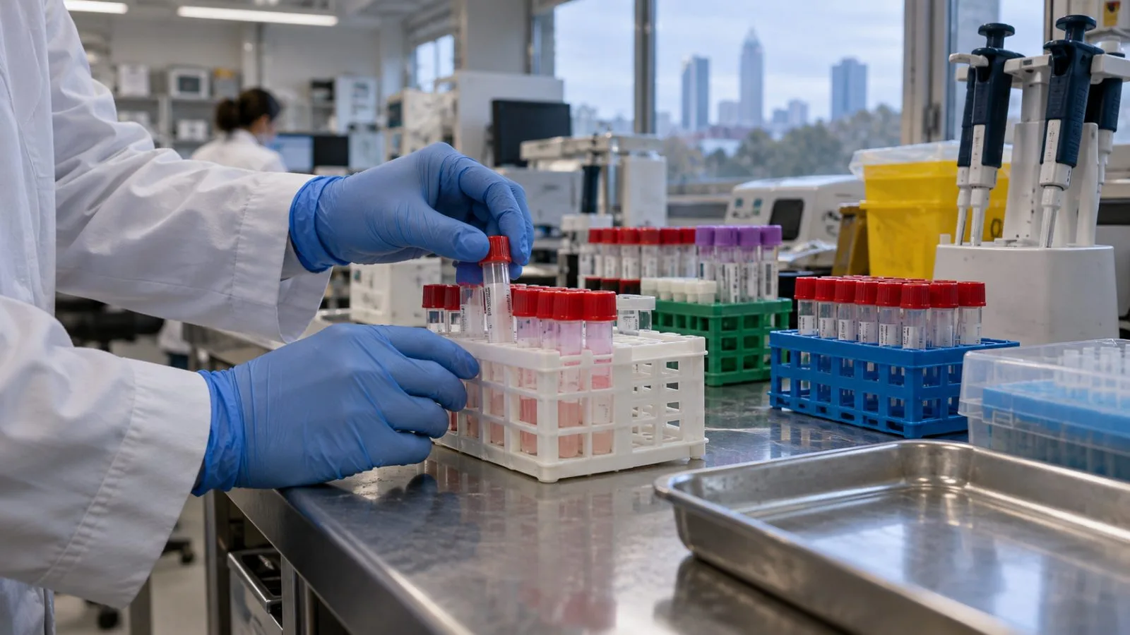 A laboratory technician handles respiratory specimens at a clinical laboratory in Atlanta, Georgia (AI-generated image / EconoTimes)