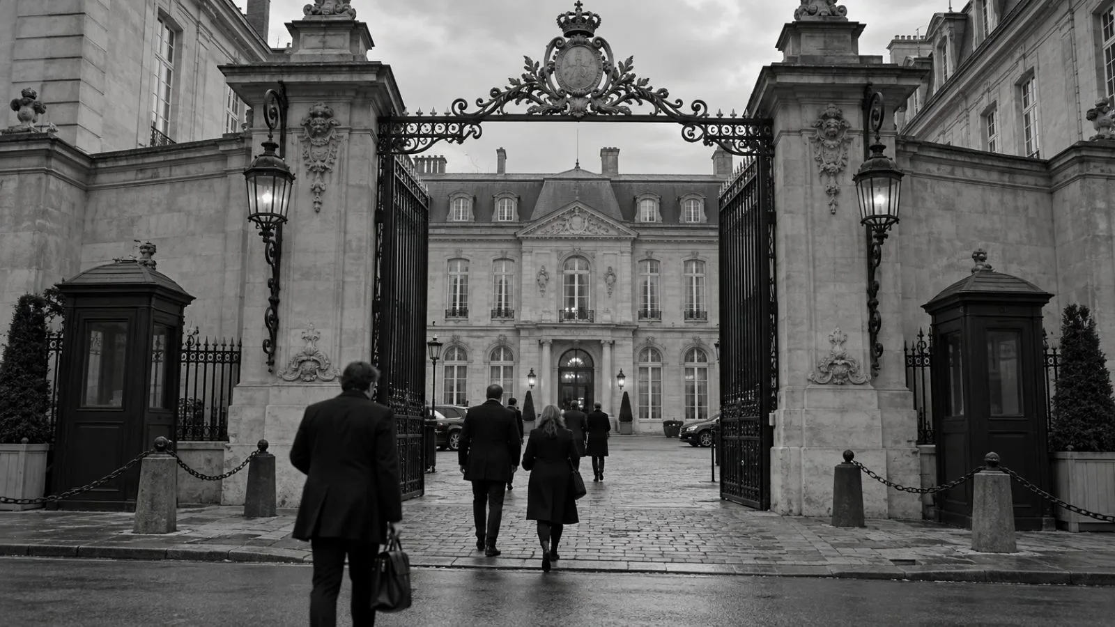 Visitors enter the Hôtel de Matignon in Paris on an overcast afternoon. (AI-generated image / EconoTimes)