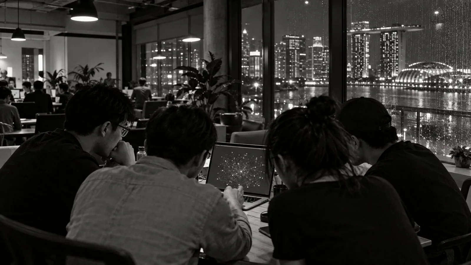 Developers study a network diagram at an evening blockchain meetup in Singapore’s Central Area. (AI-generated image / EconoTimes)