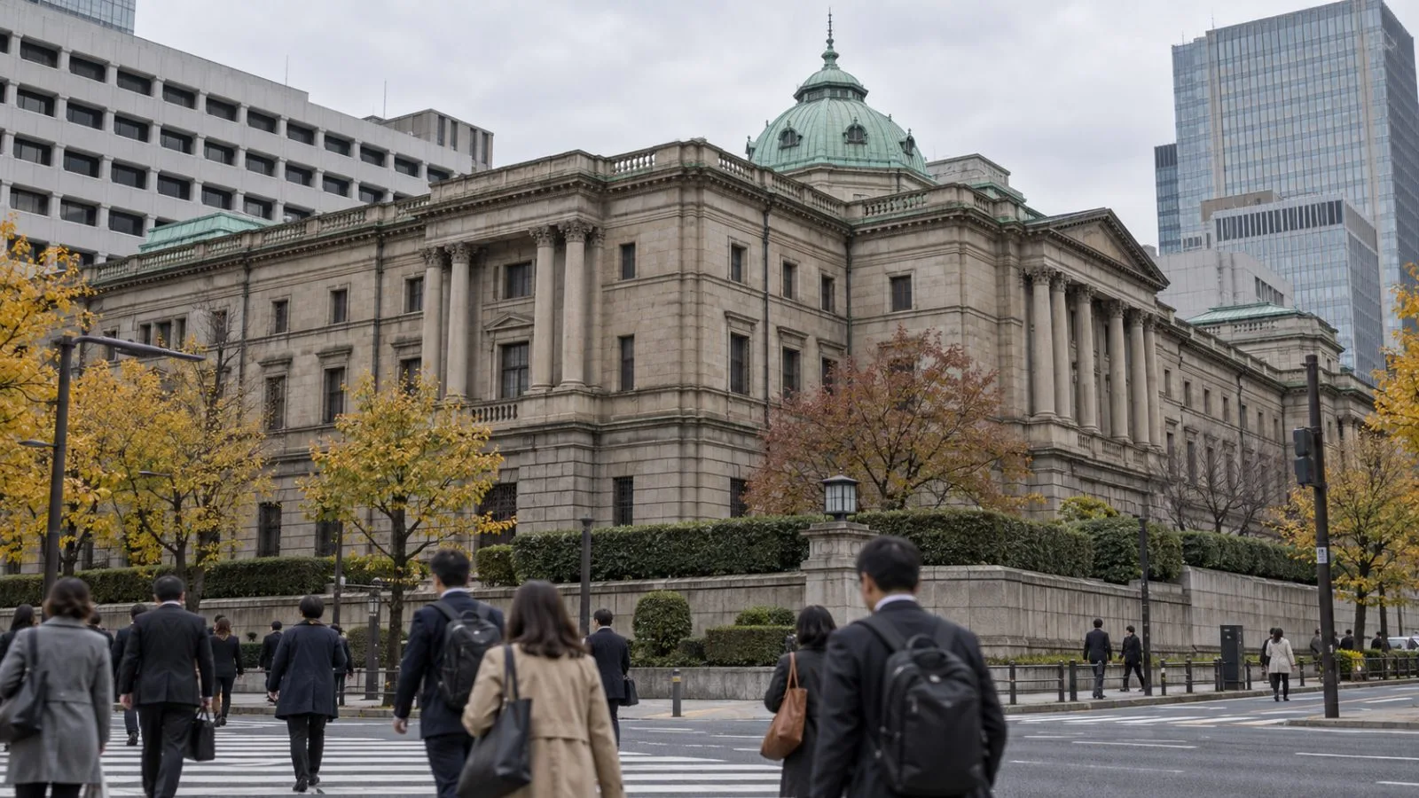 Pedestrians walk past the Bank of Japan headquarters in Tokyo's Nihonbashi district. (AI-generated image / EconoTimes)