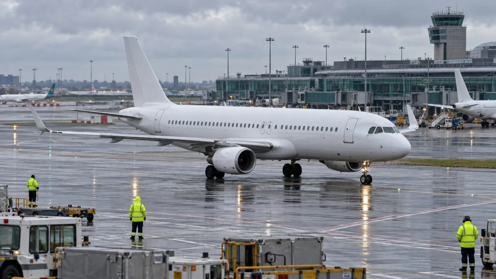 A passenger aircraft taxis across the apron at Dublin Airport, Ireland. (AI-generated image / EconoTimes)