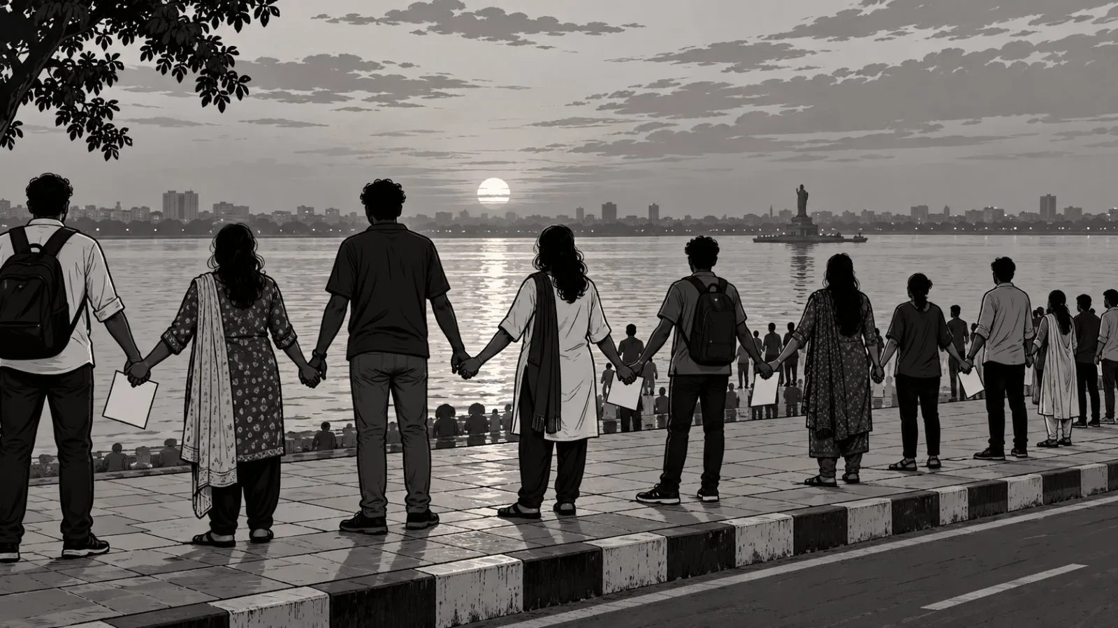 Demonstrators form a human chain at Tank Bund beside Hussain Sagar in Hyderabad, India. (AI-generated image / EconoTimes)
