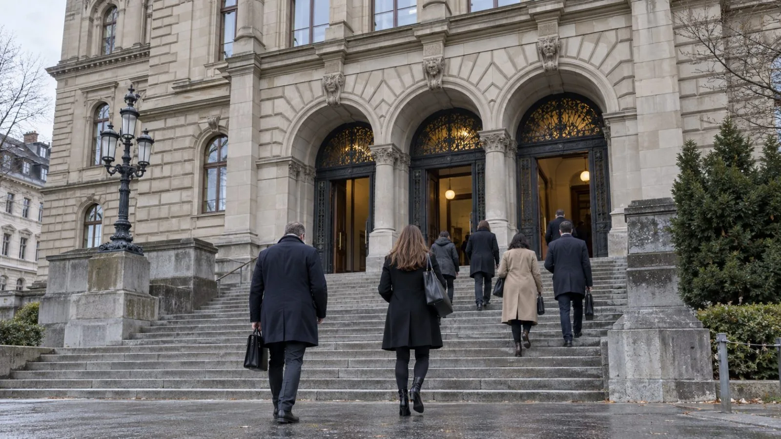 People approach the Cantonal Court of St. Gallen under overcast skies. (AI-generated image / EconoTimes)