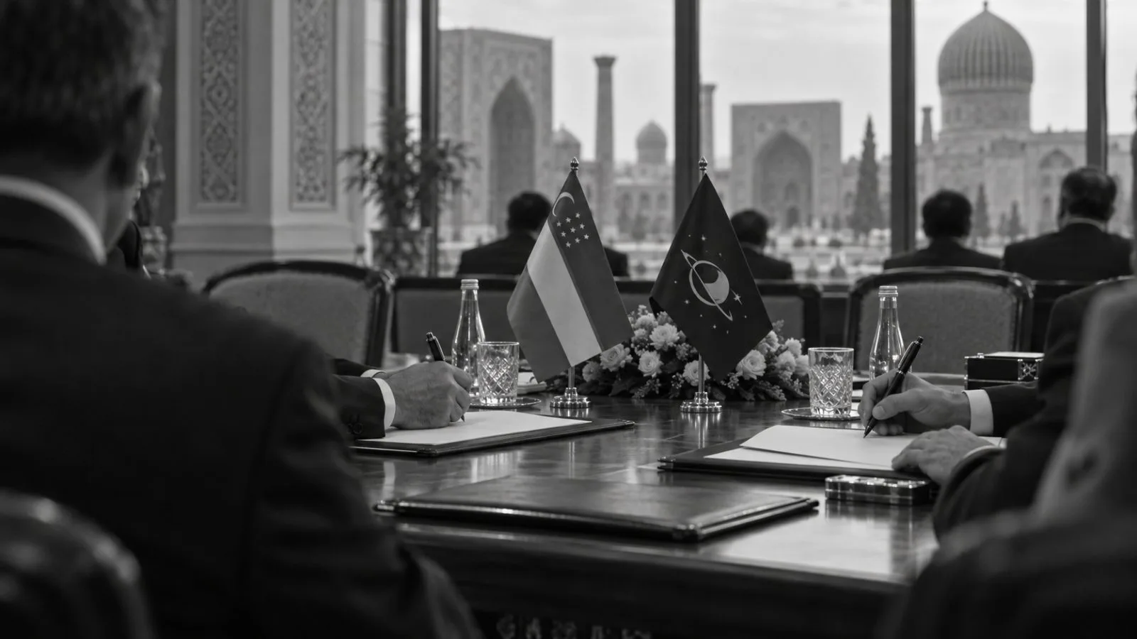 Hands sign a document at a conference venue in Samarkand, Uzbekistan. (AI-generated image / EconoTimes)