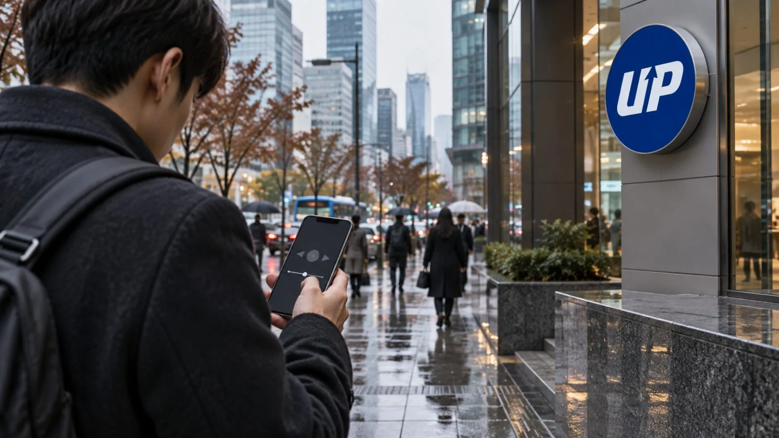 A commuter checks a smartphone outside an office building in Seoul, South Korea. / EconoTimes.ai