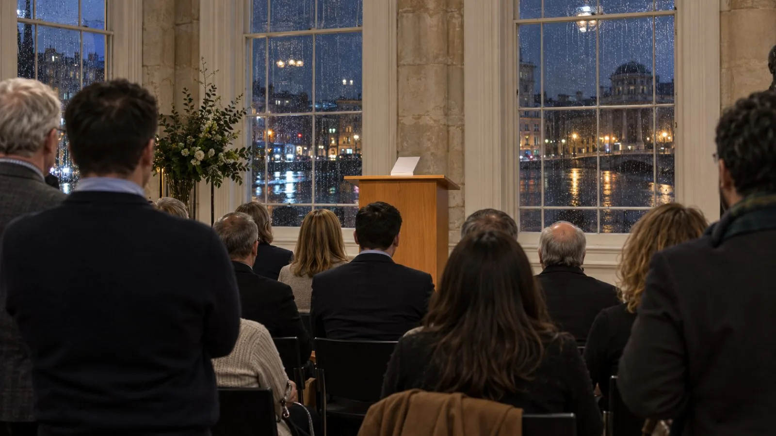 Attendees face a lectern at a bank governance book launch in Dublin, Ireland. (AI-generated image / EconoTimes)