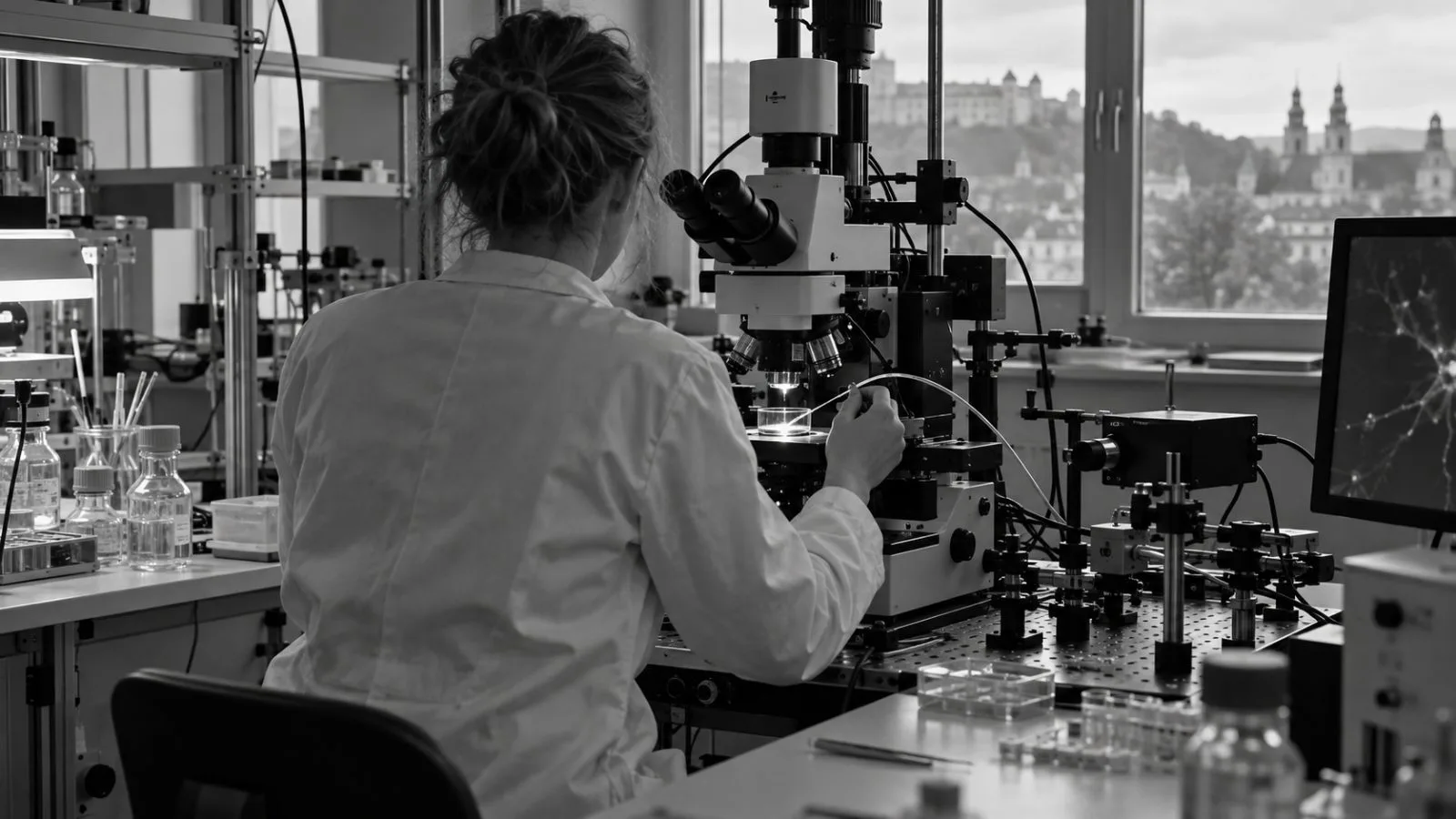 A researcher prepares a light-sensitive cell experiment in a laboratory at the University of Würzburg, Germany (AI-generated image / EconoTimes)