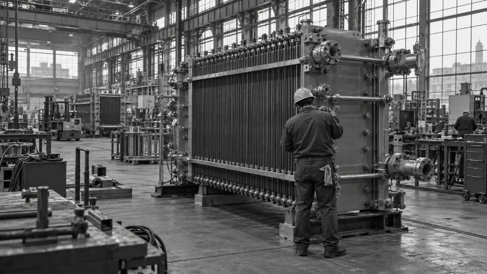 Electrolyzer stacks sit on an assembly line at a factory in Rochester, New York. (AI-generated image / EconoTimes)