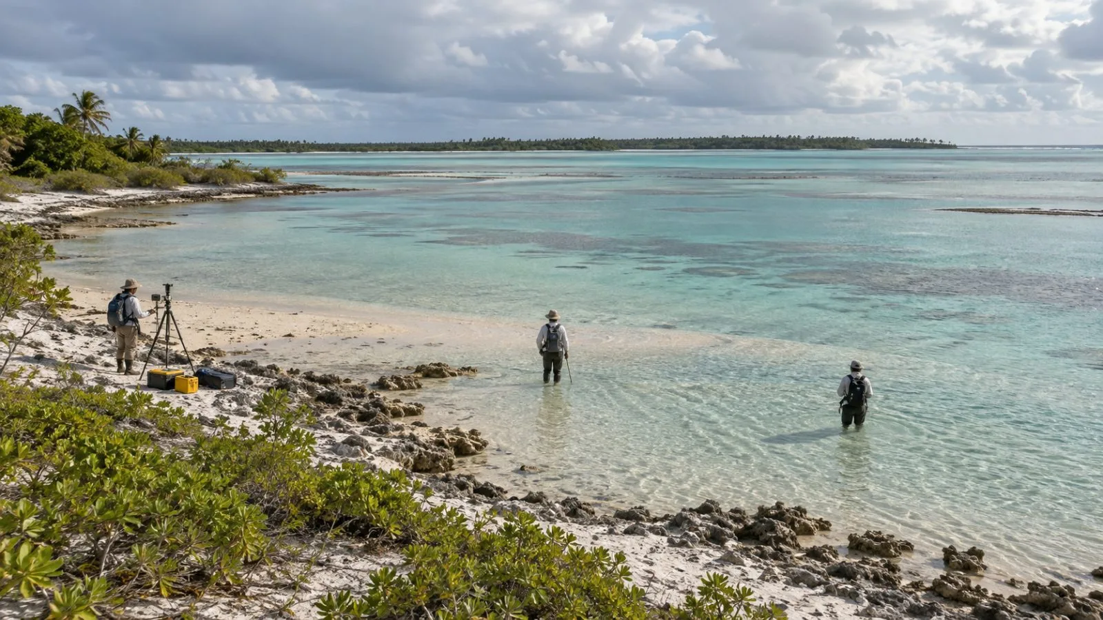Researchers survey the lagoon beside Taraia Peninsula on Nikumaroro Atoll, Kiribati (AI-generated image / EconoTimes)