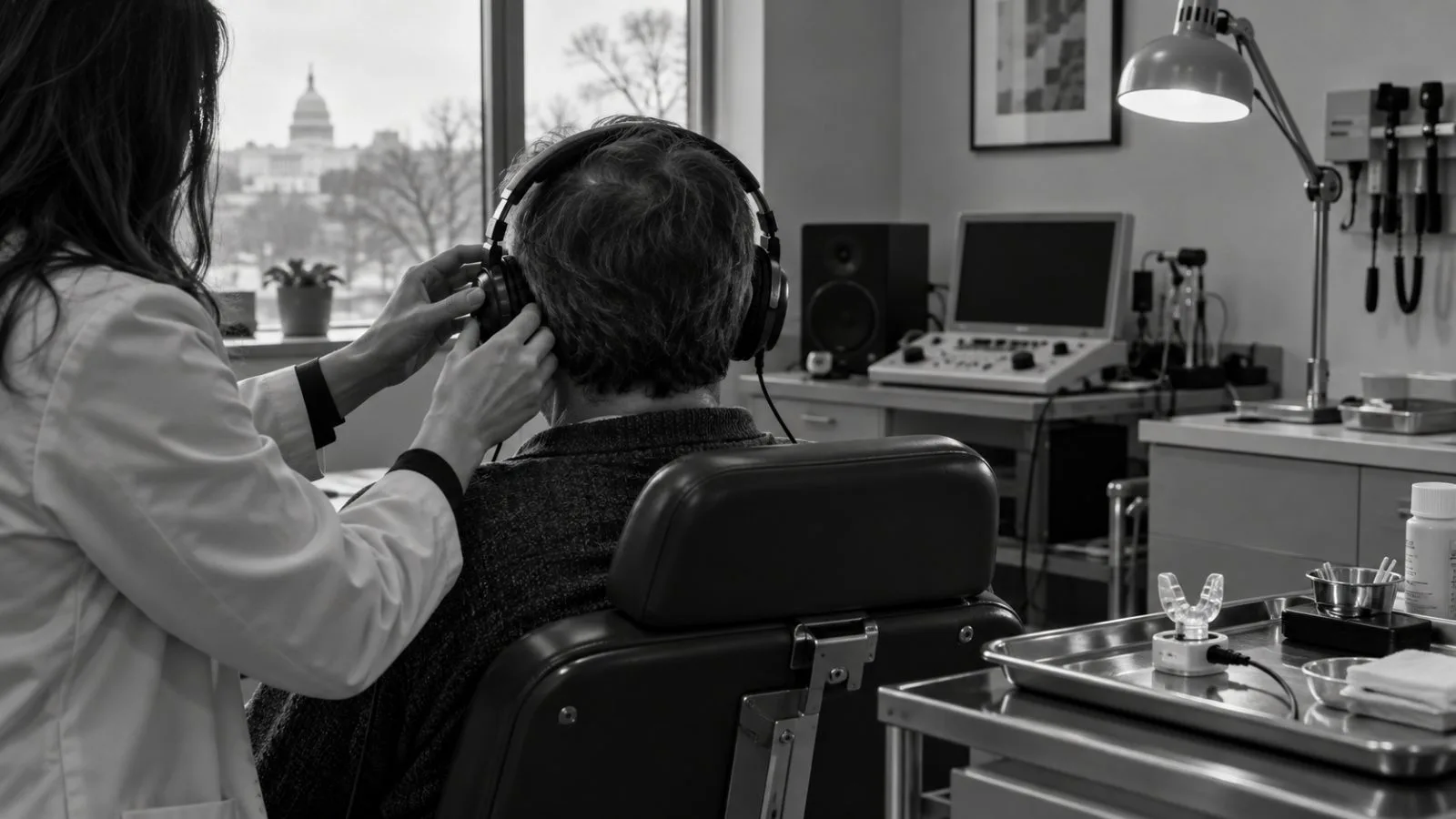 An audiologist adjusts headphones beside a tongue stimulation mouthpiece at a Silver Spring clinic. / EconoTimes.ai (mono)